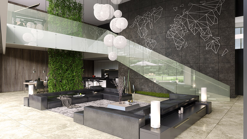 interieurontwerp luxe woonkamer met vide - 3d presenatie